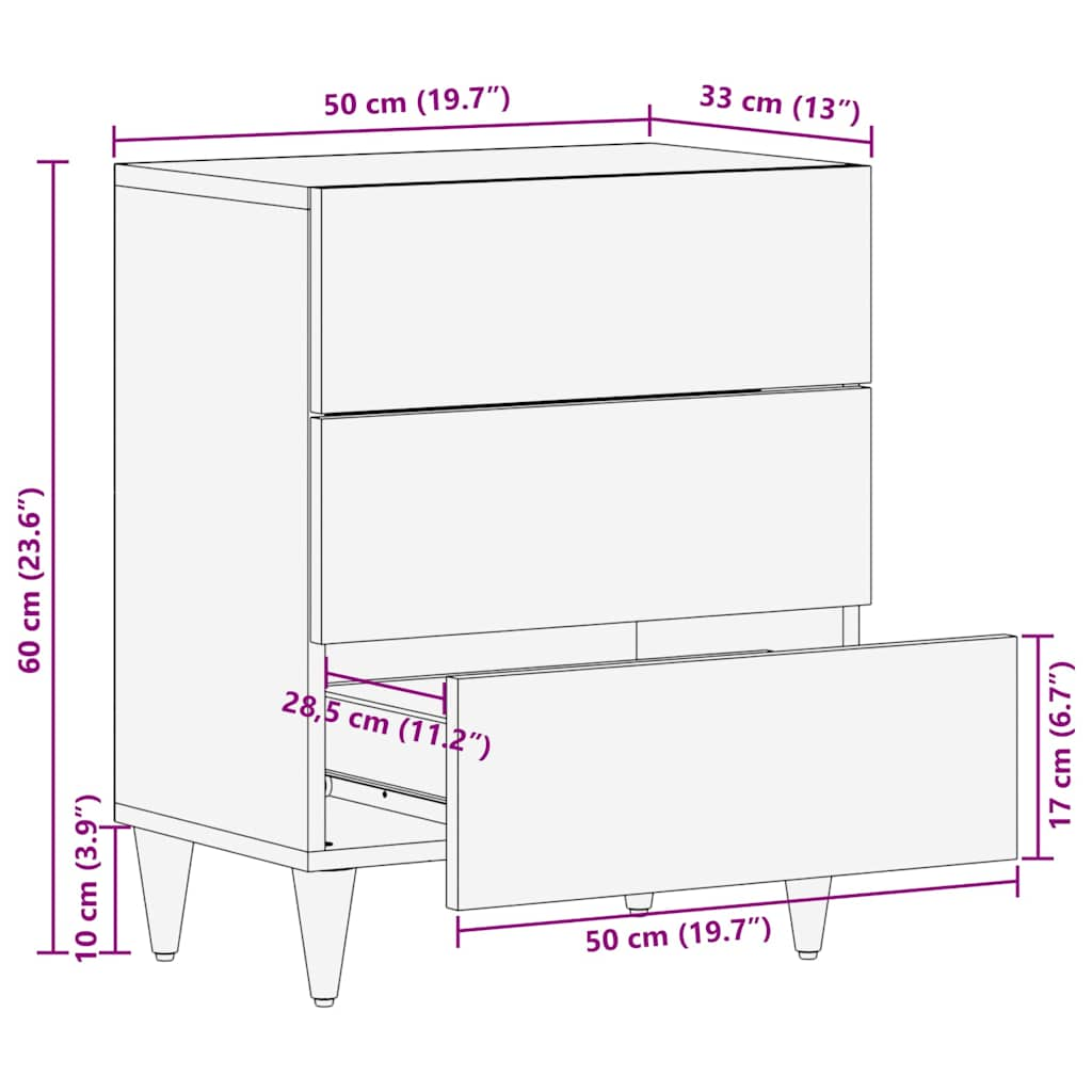 Table de chevet gris clair 50x33x60 cm bois de manguier massif