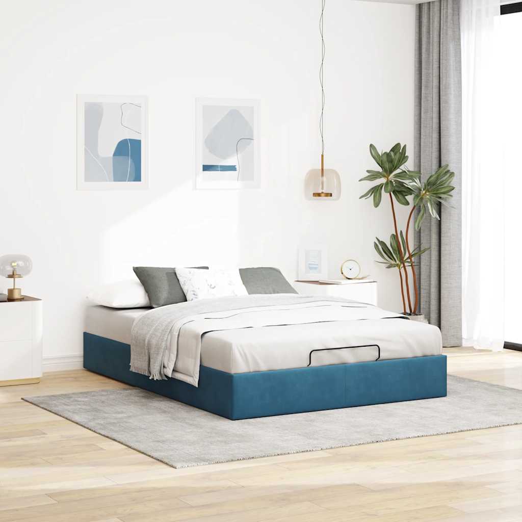 Cadre de lit ottoman sans matelas bleu foncé 140x190 cm velours