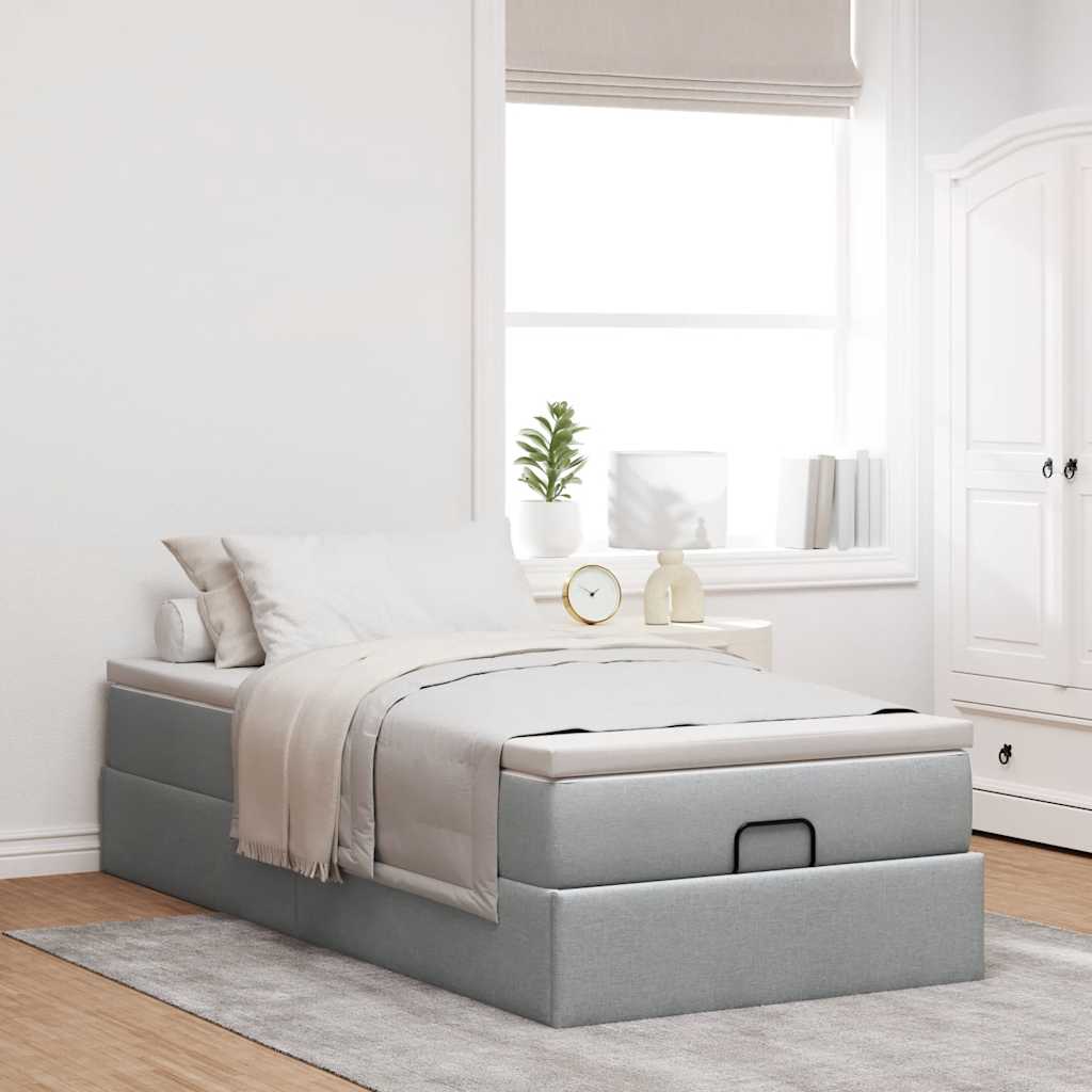 Cadre de lit ottoman et matelas gris clair 90x200 cm tissu