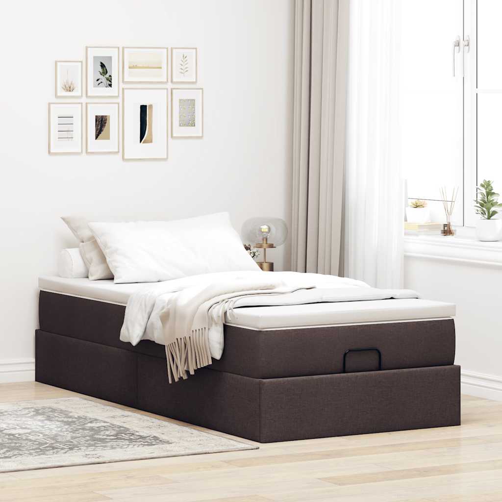 Cadre de lit ottoman avec matelas marron foncé 90x200 cm tissu