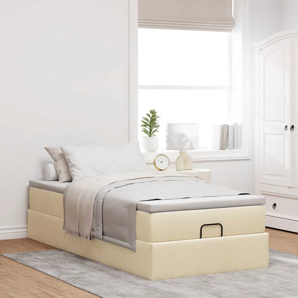 Cadre de lit ottoman avec matelas crème 90x200 cm tissu