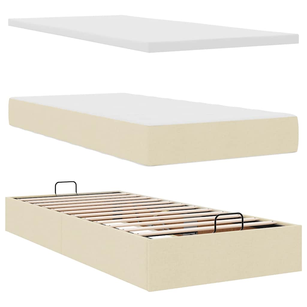 Cadre de lit ottoman avec matelas crème 90x200 cm tissu