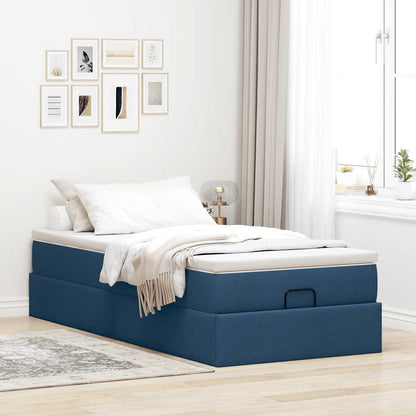 Cadre de lit ottoman avec matelas bleu 90x200 cm tissu