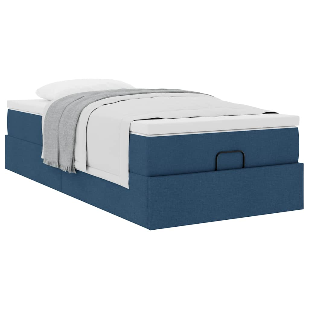 Cadre de lit ottoman avec matelas bleu 90x200 cm tissu