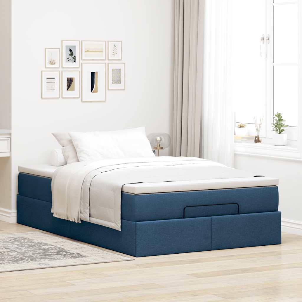 Cadre de lit ottoman avec matelas bleu 120x190 cm tissu