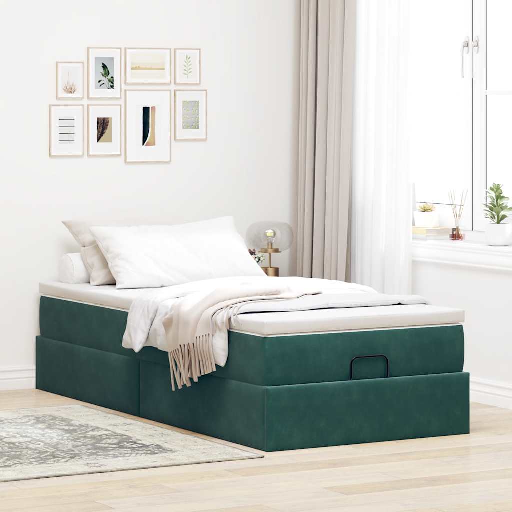 Cadre de lit ottoman avec matelas vert foncé 90x200 cm velours