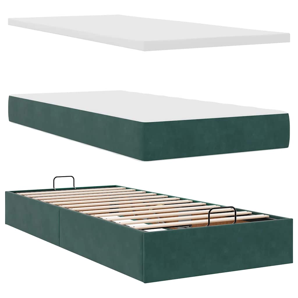 Cadre de lit ottoman avec matelas vert foncé 90x200 cm velours