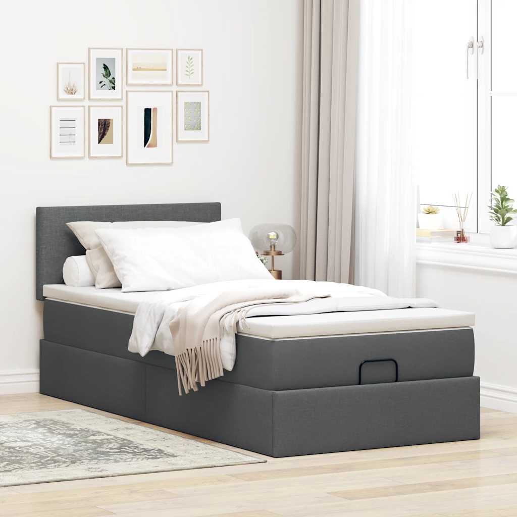 Lit ottoman avec matelas gris foncé 90x200 cm tissu