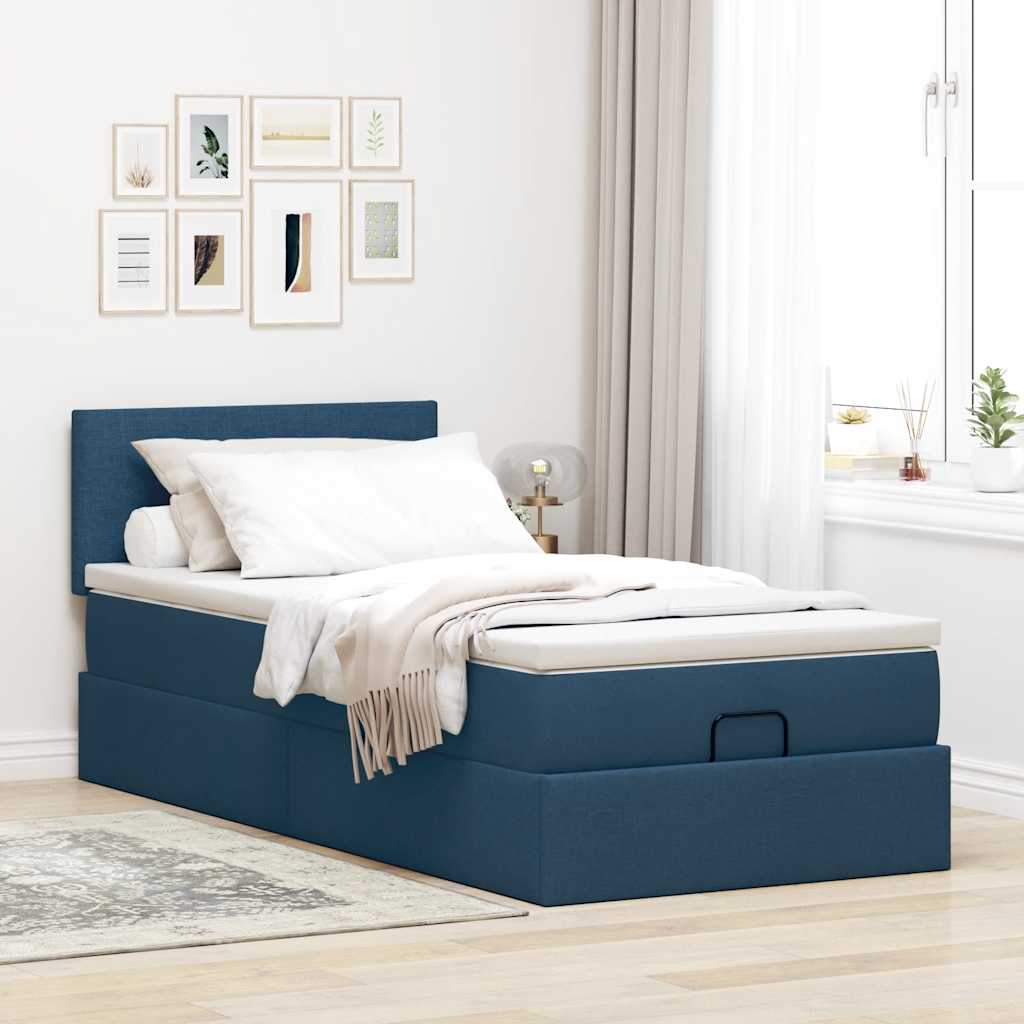 Lit ottoman avec matelas bleu 90x200 cm tissu