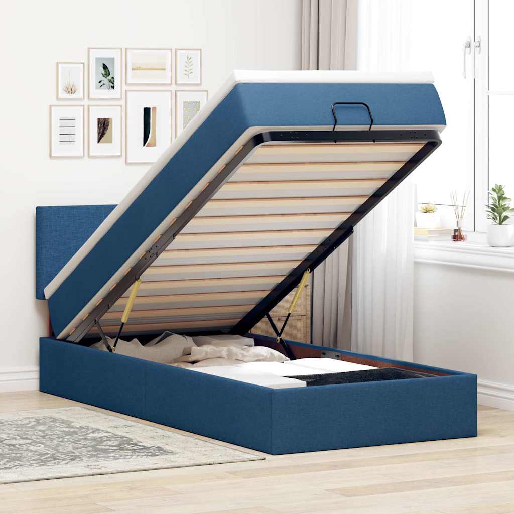 Lit ottoman avec matelas bleu 90x200 cm tissu