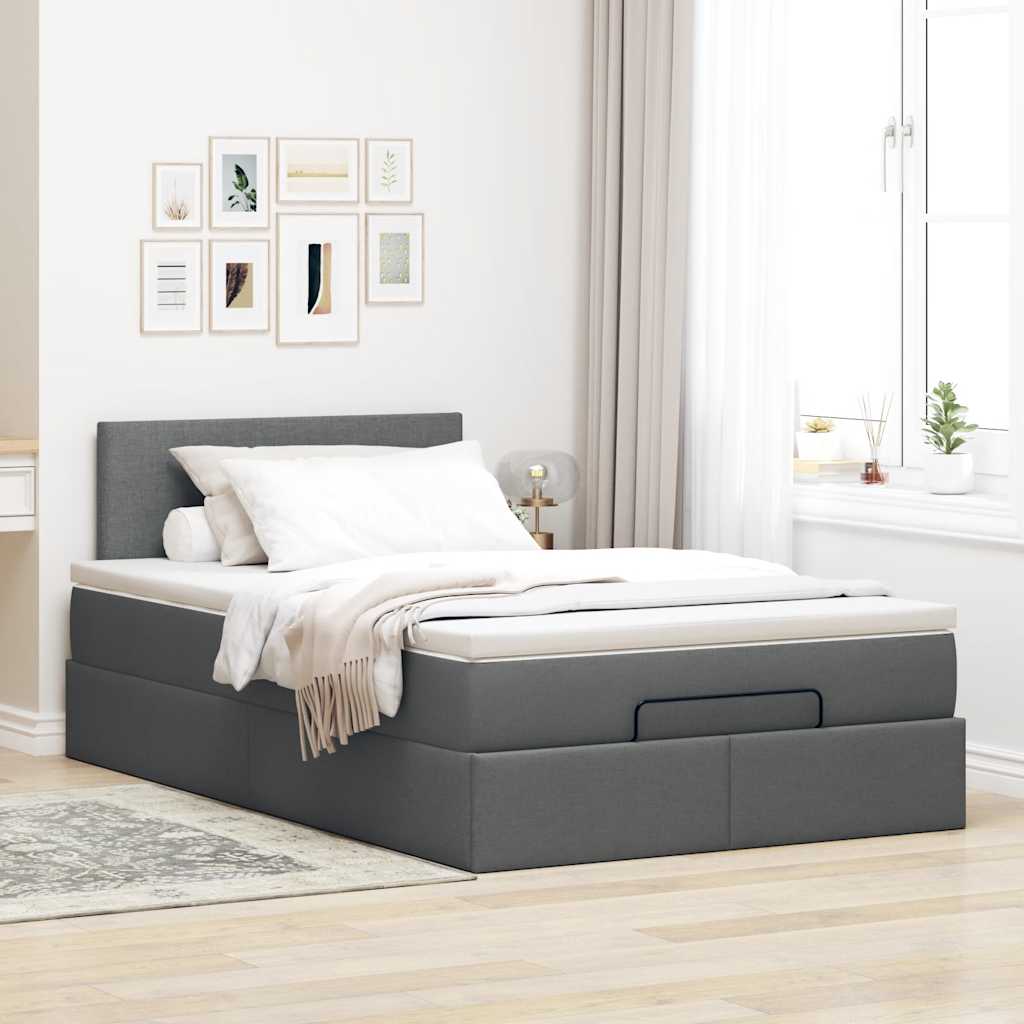 Lit ottoman avec matelas gris foncé 120x190 cm tissu