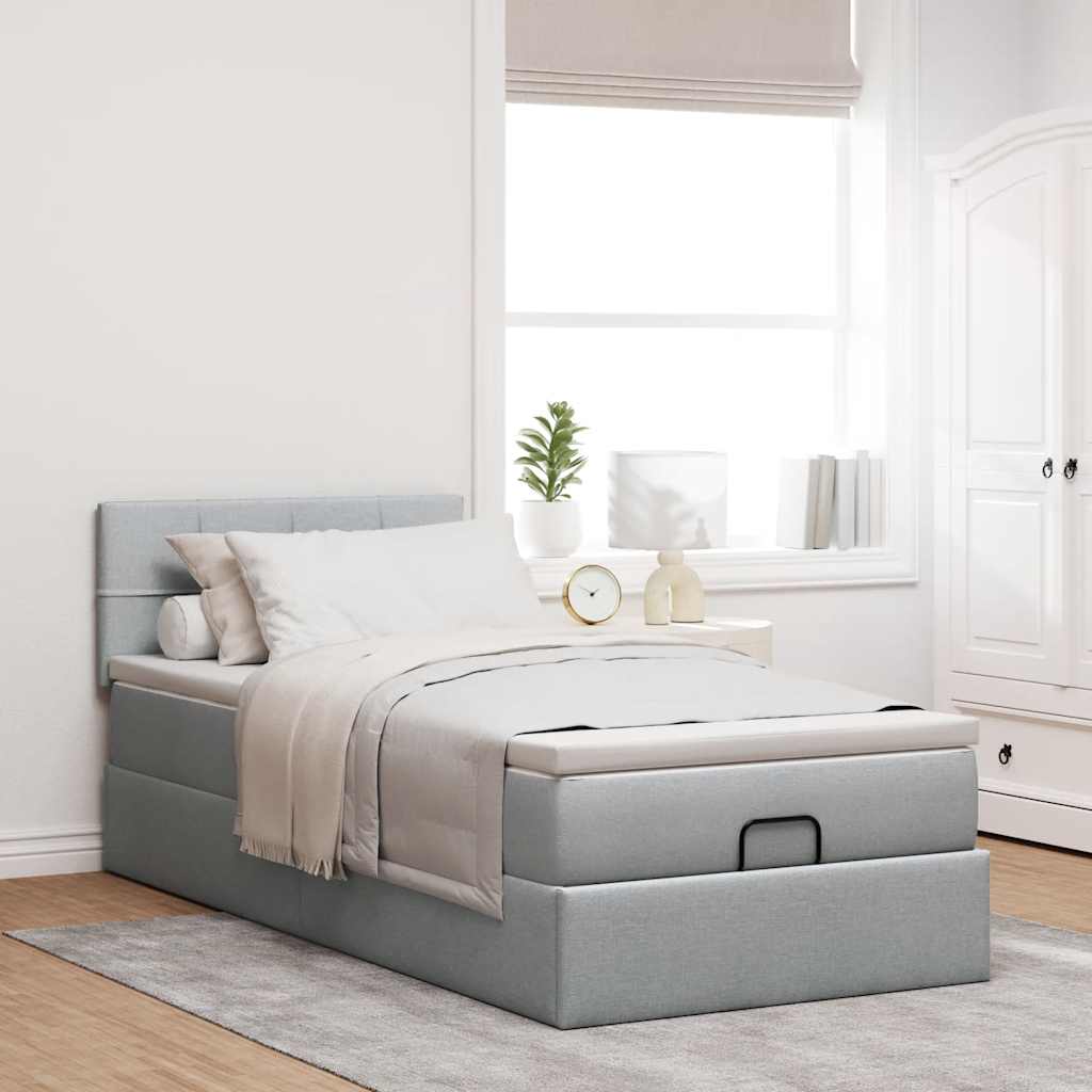 Lit ottoman avec matelas gris clair 90x200 cm tissu