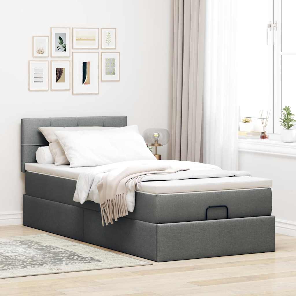 Lit ottoman avec matelas gris foncé 90x200 cm tissu