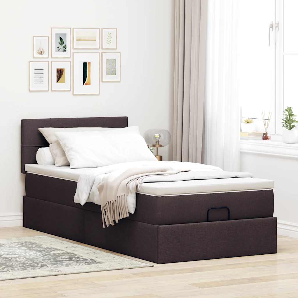 Lit ottoman avec matelas marron foncé 90x200 cm tissu