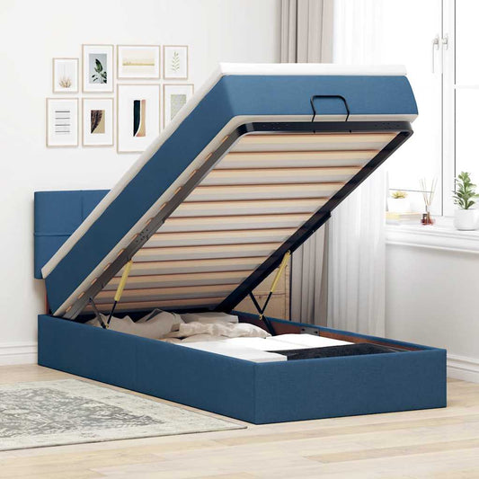 Lit ottoman avec matelas bleu 90x200 cm tissu