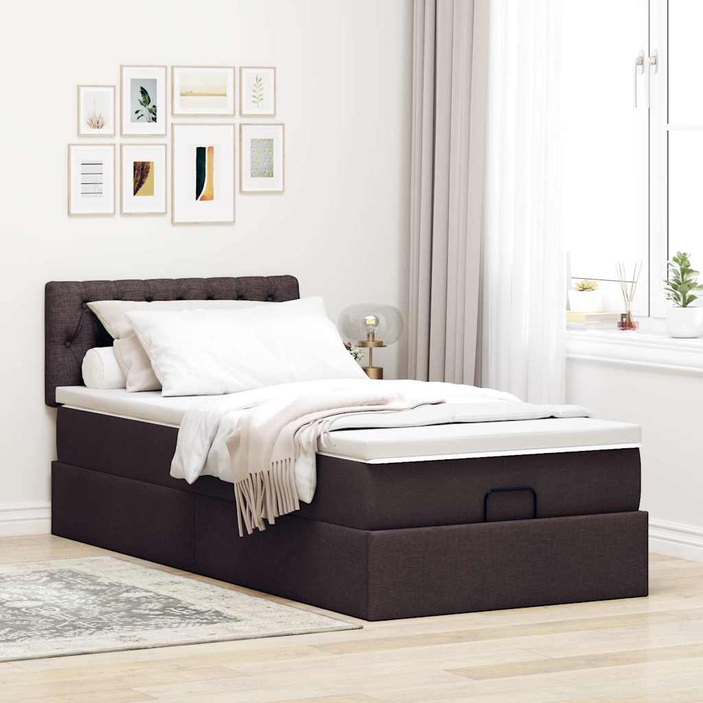 Lit ottoman avec matelas marron foncé 90x200 cm tissu