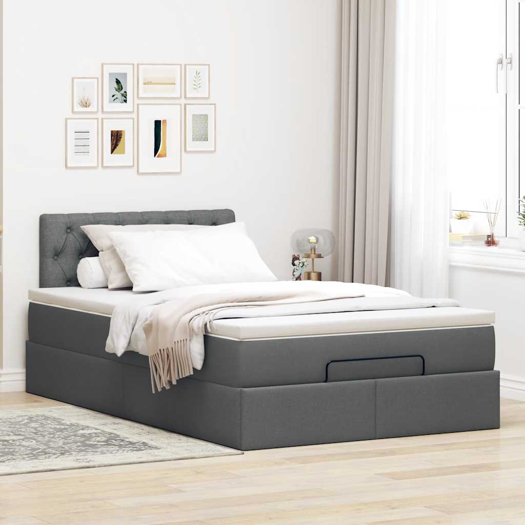 Lit ottoman avec matelas gris foncé 120x190 cm tissu