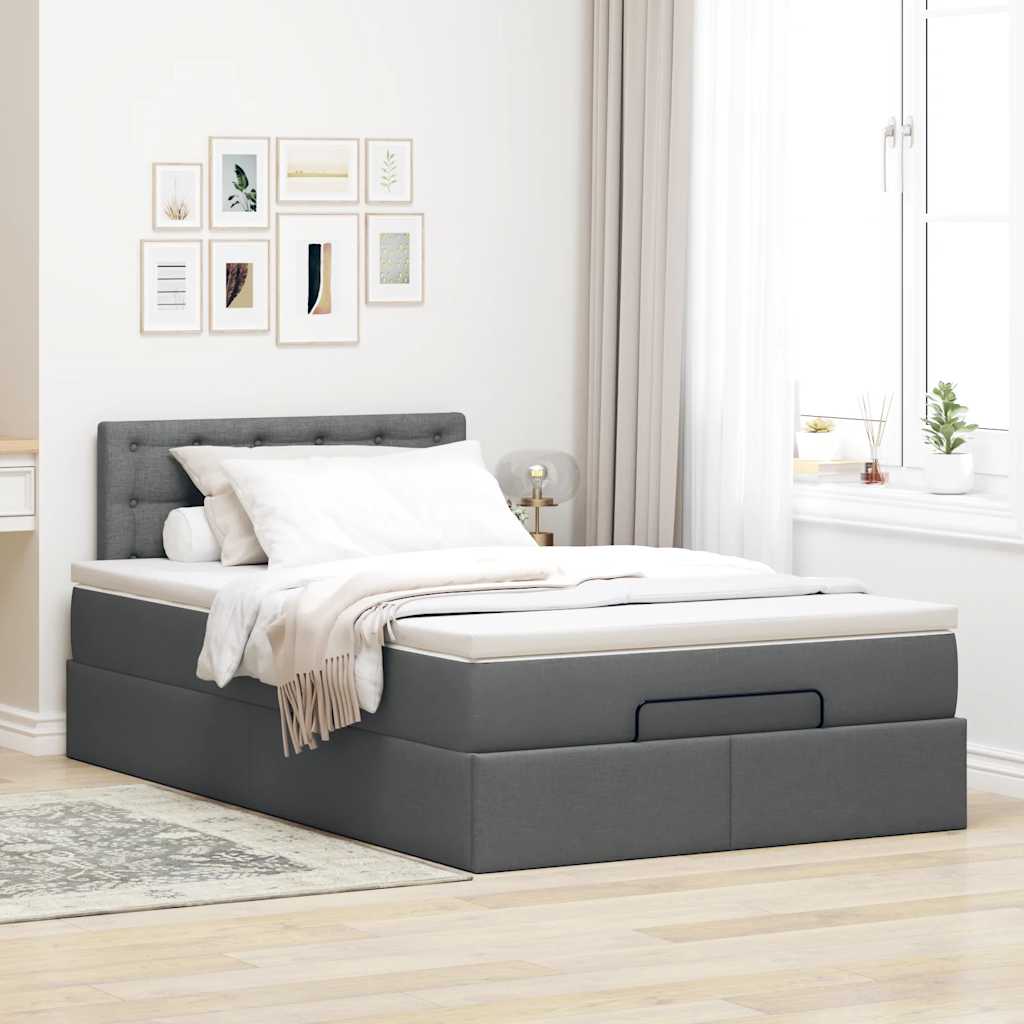 Lit ottoman avec matelas gris foncé 120x190 cm tissu