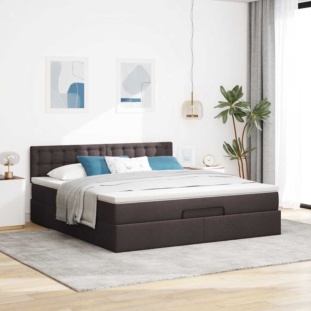 Cadre de lit ottoman avec matelas marron foncé 180x200 cm tissu