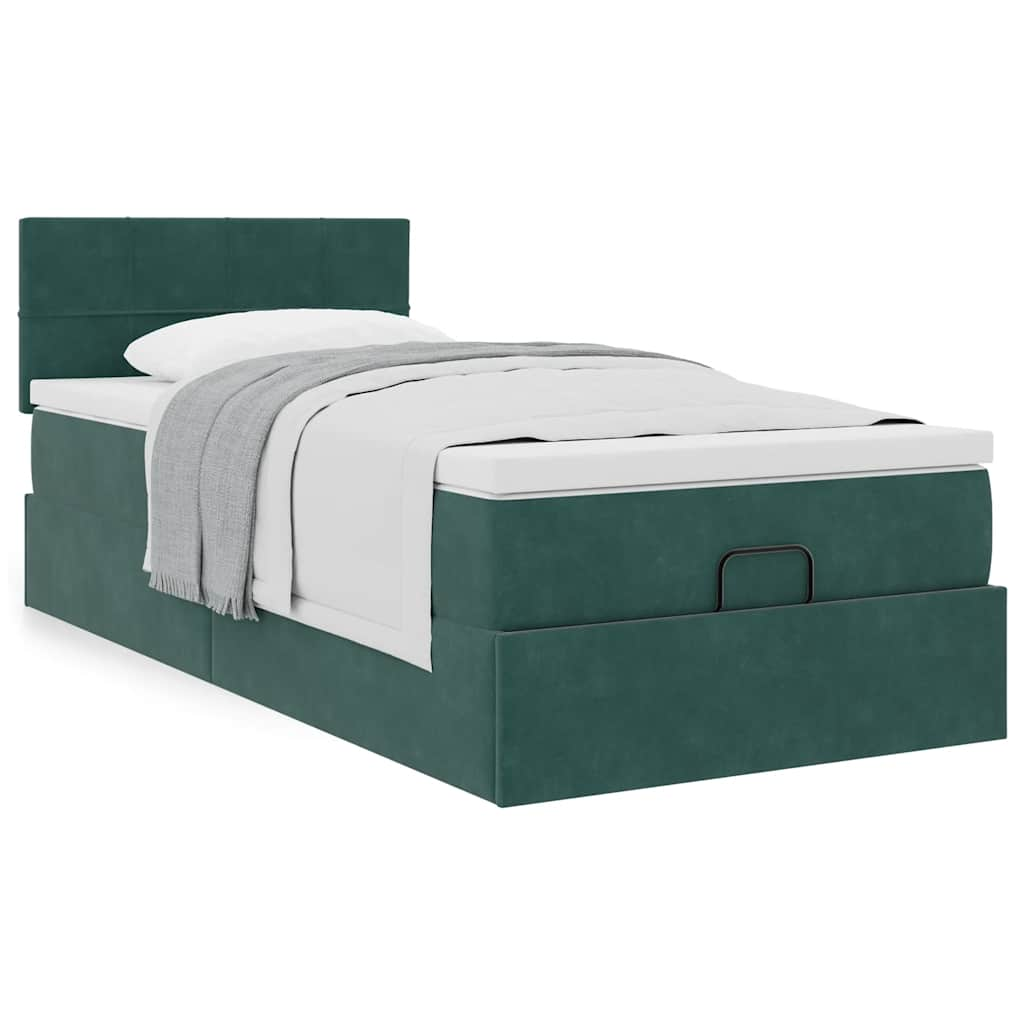 Cadre de lit ottoman avec matelas vert foncé 90x200 cm velours