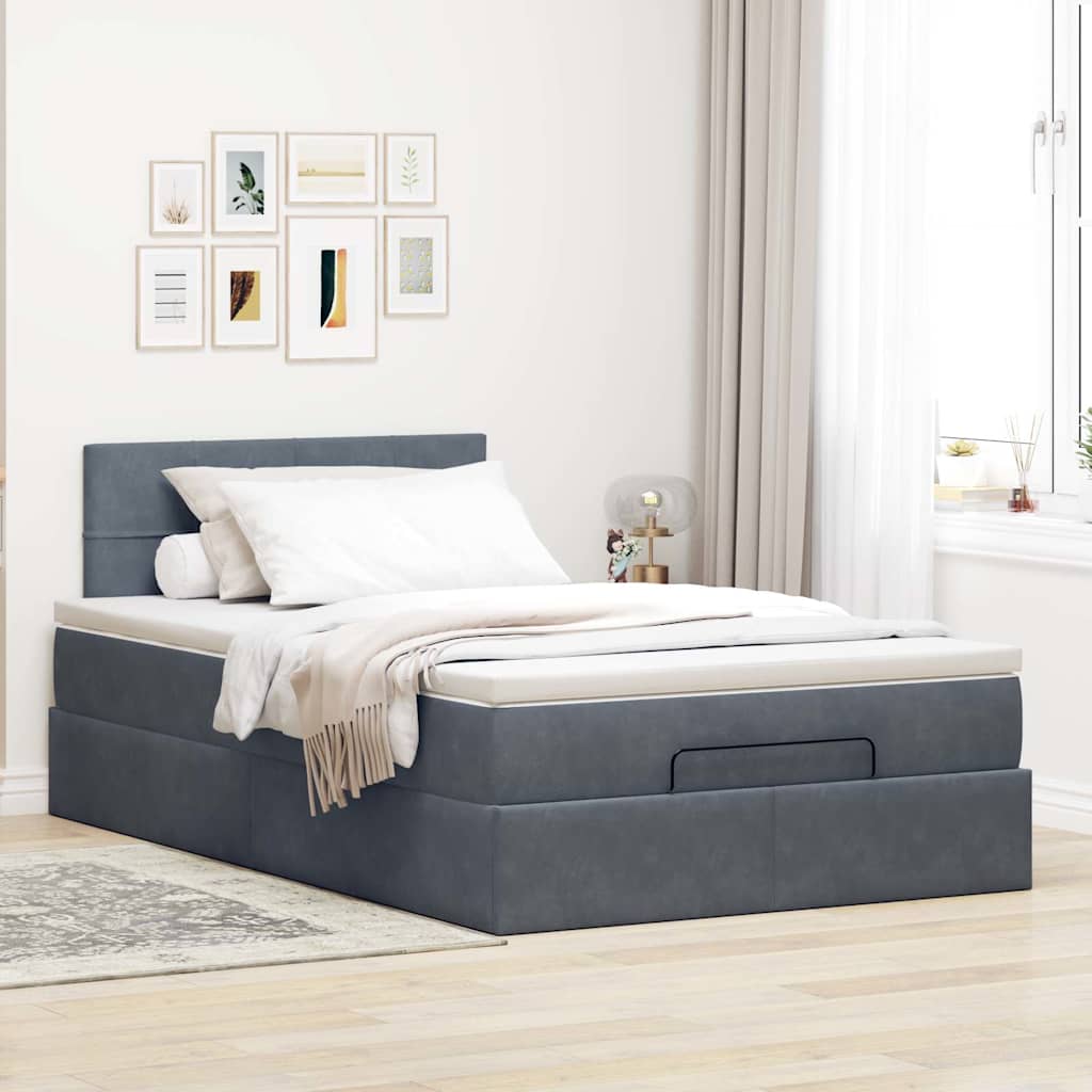 Lit ottoman avec matelas gris foncé 120x190 cm velours