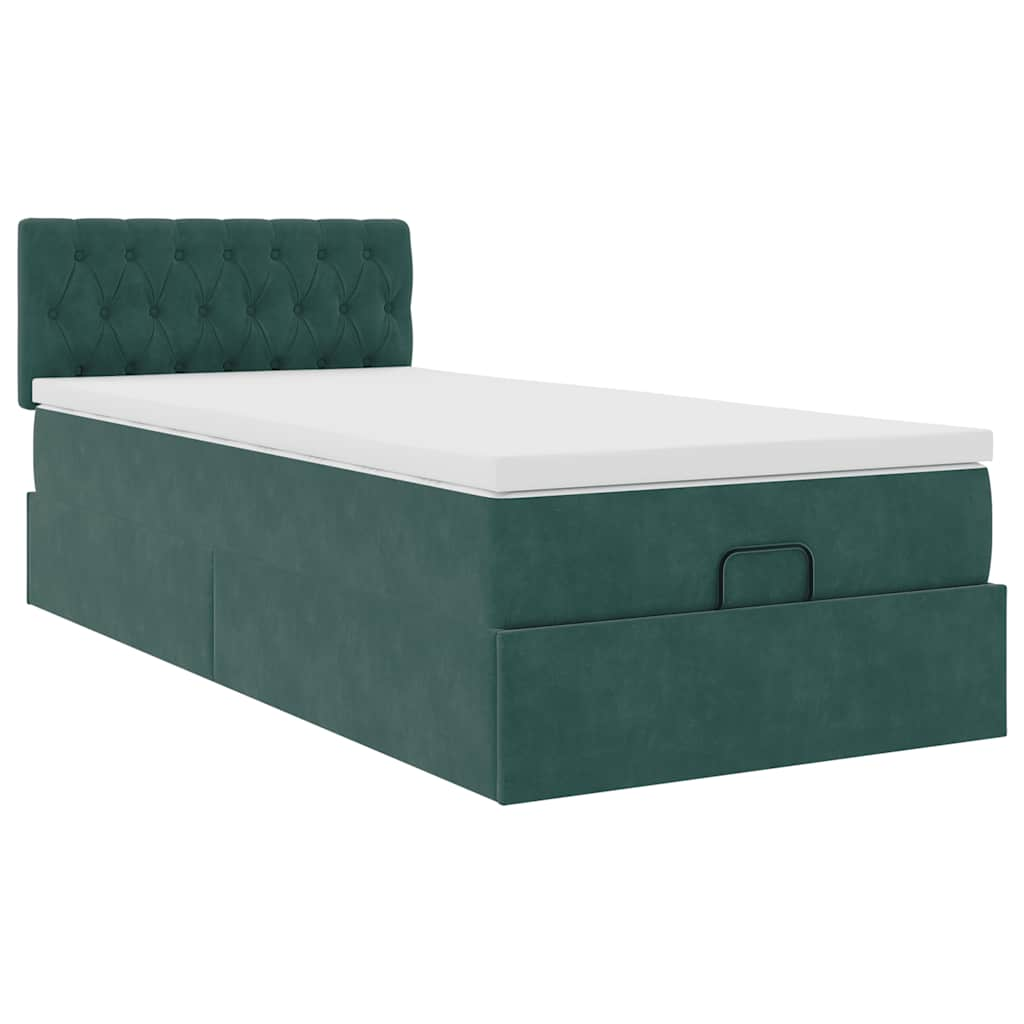 Cadre de lit ottoman avec matelas vert foncé 90x200 cm velours