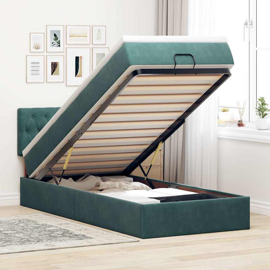 Cadre de lit ottoman avec matelas vert foncé 90x200 cm velours