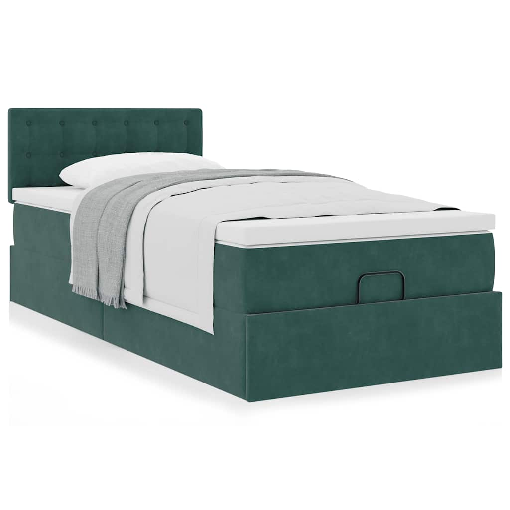 Cadre de lit ottoman avec matelas vert foncé 90x200 cm velours