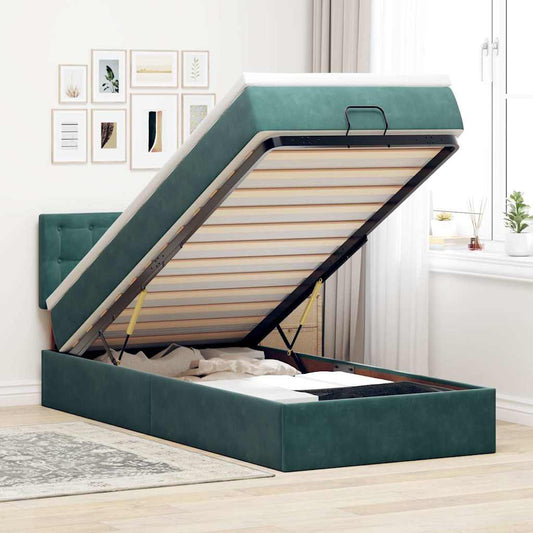 Cadre de lit ottoman avec matelas vert foncé 90x200 cm velours