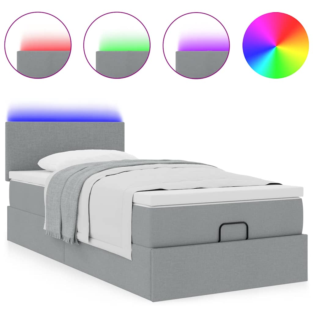 Lit ottoman avec matelas et LED gris clair 90x200 cm tissu