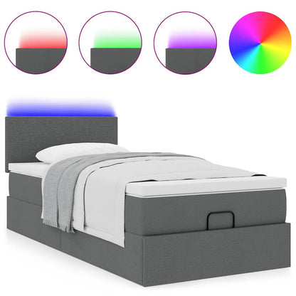 Lit ottoman avec matelas et LED gris foncé 90x200 cm tissu