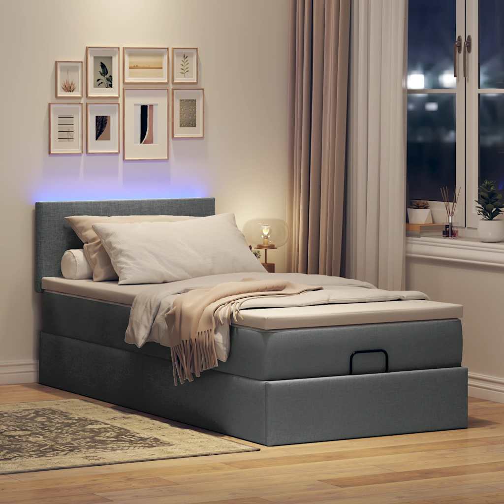 Lit ottoman avec matelas et LED gris foncé 90x200 cm tissu