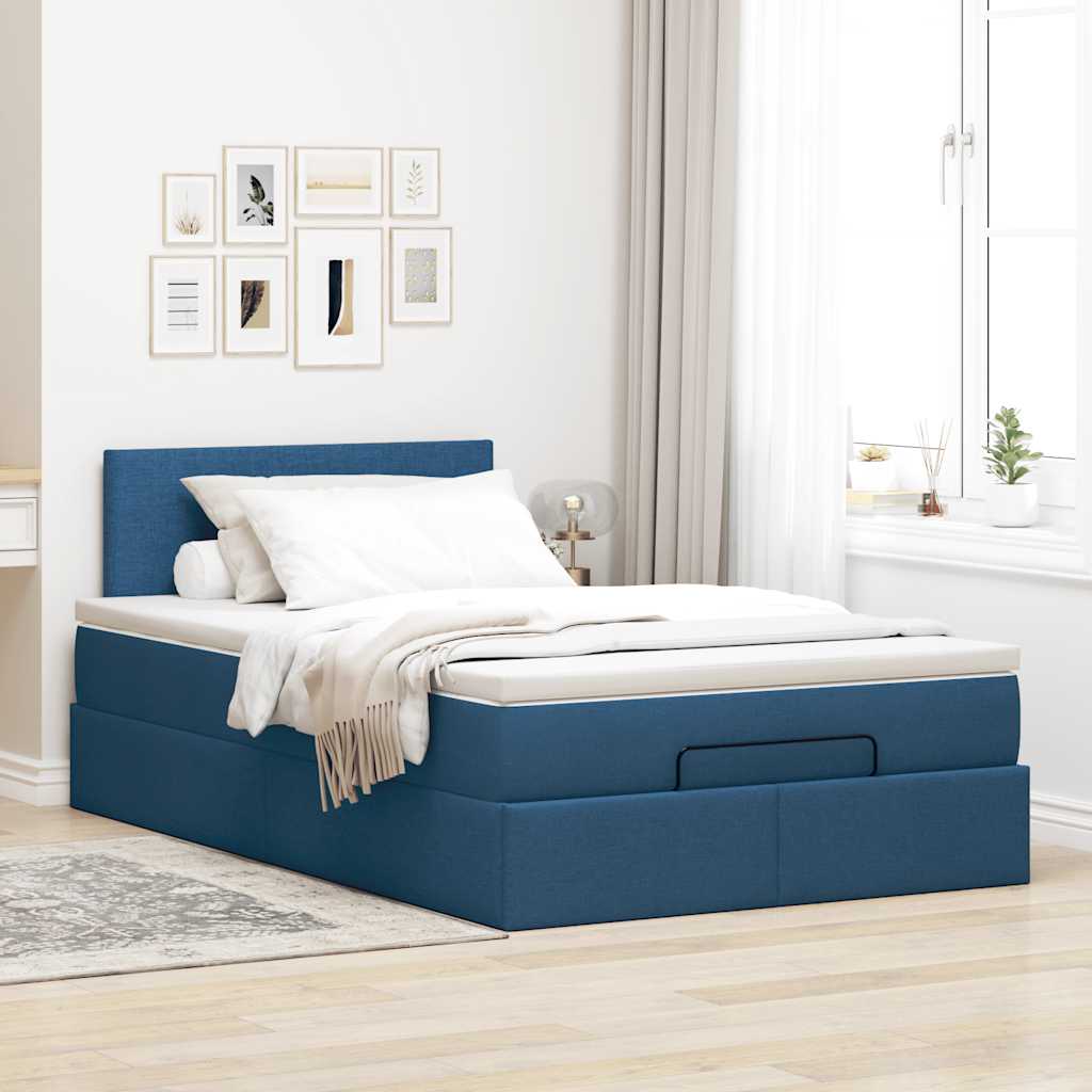 Cadre de lit ottoman avec matelas bleu 120x190 cm tissu