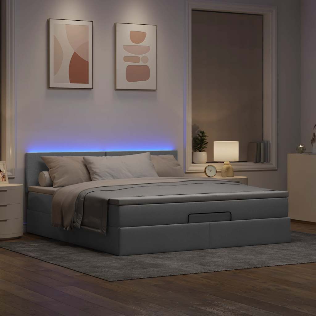 Lit ottoman avec matelas et LED Gris clair 180x200 cm tissu