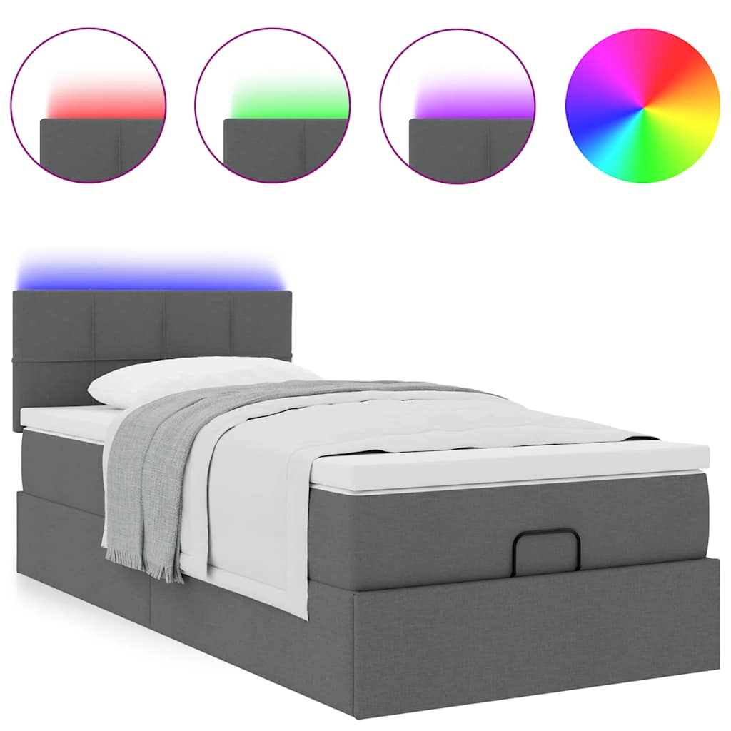 Lit ottoman avec matelas et LED gris foncé 90x200 cm tissu