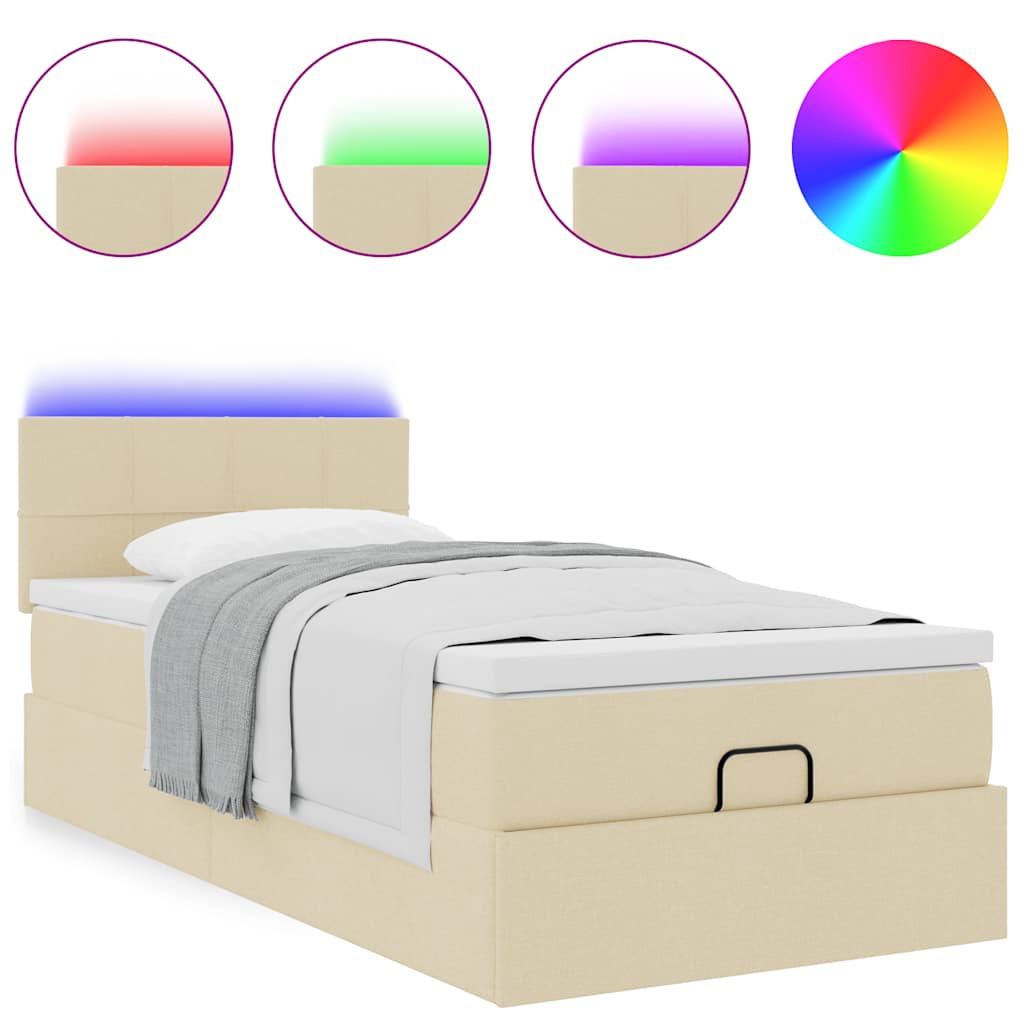 Lit ottoman avec matelas et LED crème 90x200 cm tissu