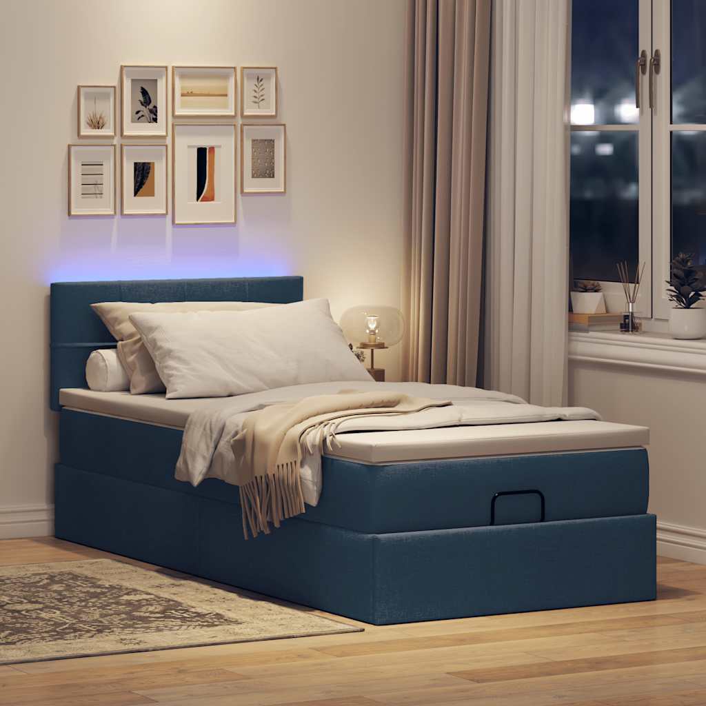 Lit ottoman avec matelas et LED Bleu 90x200 cm Tissu