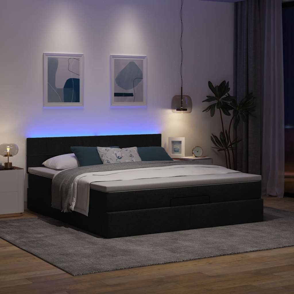 Lit ottoman avec matelas et LED Noir 180x200cm tissu