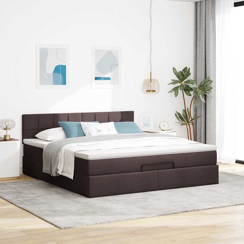 Lit ottoman avec matelas et LED Marron foncé 180x200 cm tissu