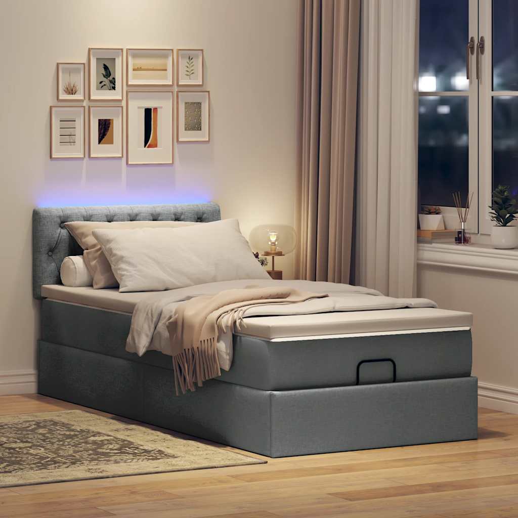 Lit ottoman avec matelas et LED gris foncé 90x200 cm tissu