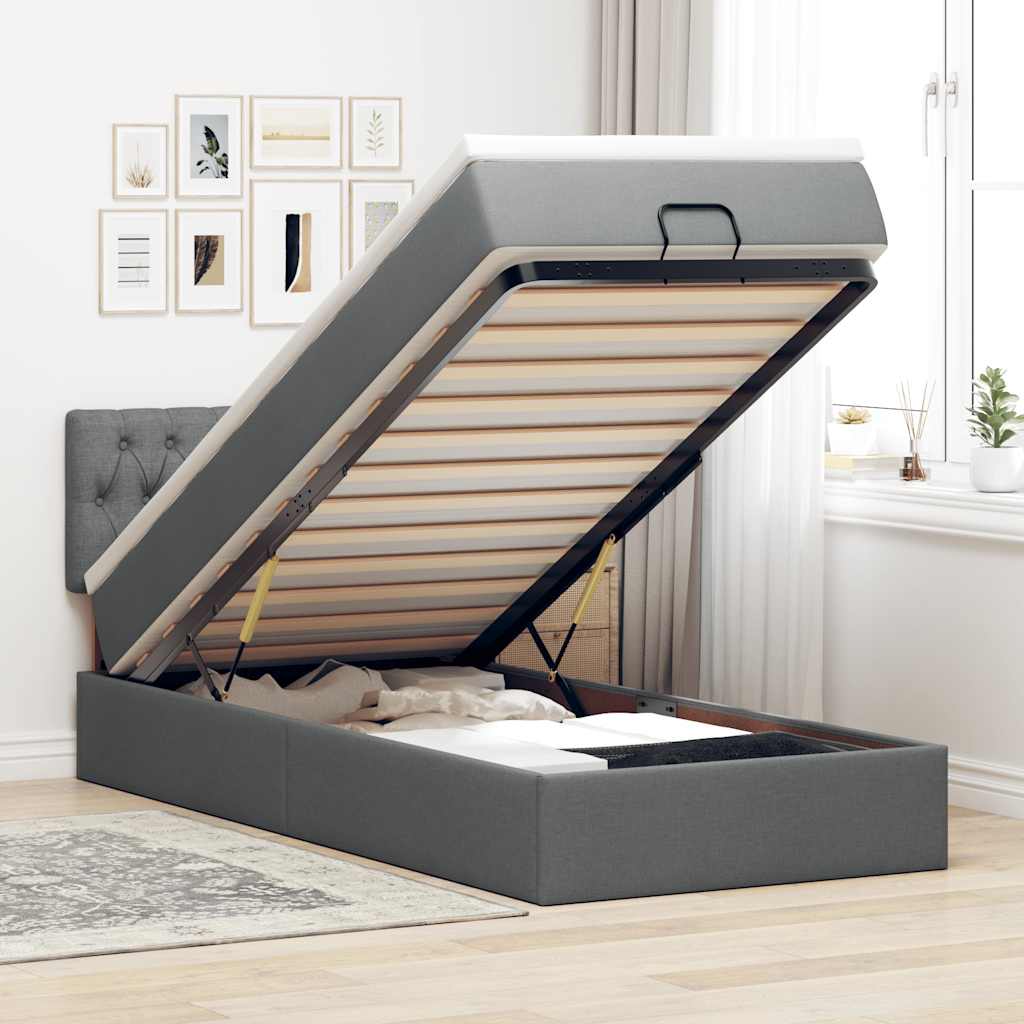 Lit ottoman avec matelas et LED gris foncé 90x200 cm tissu