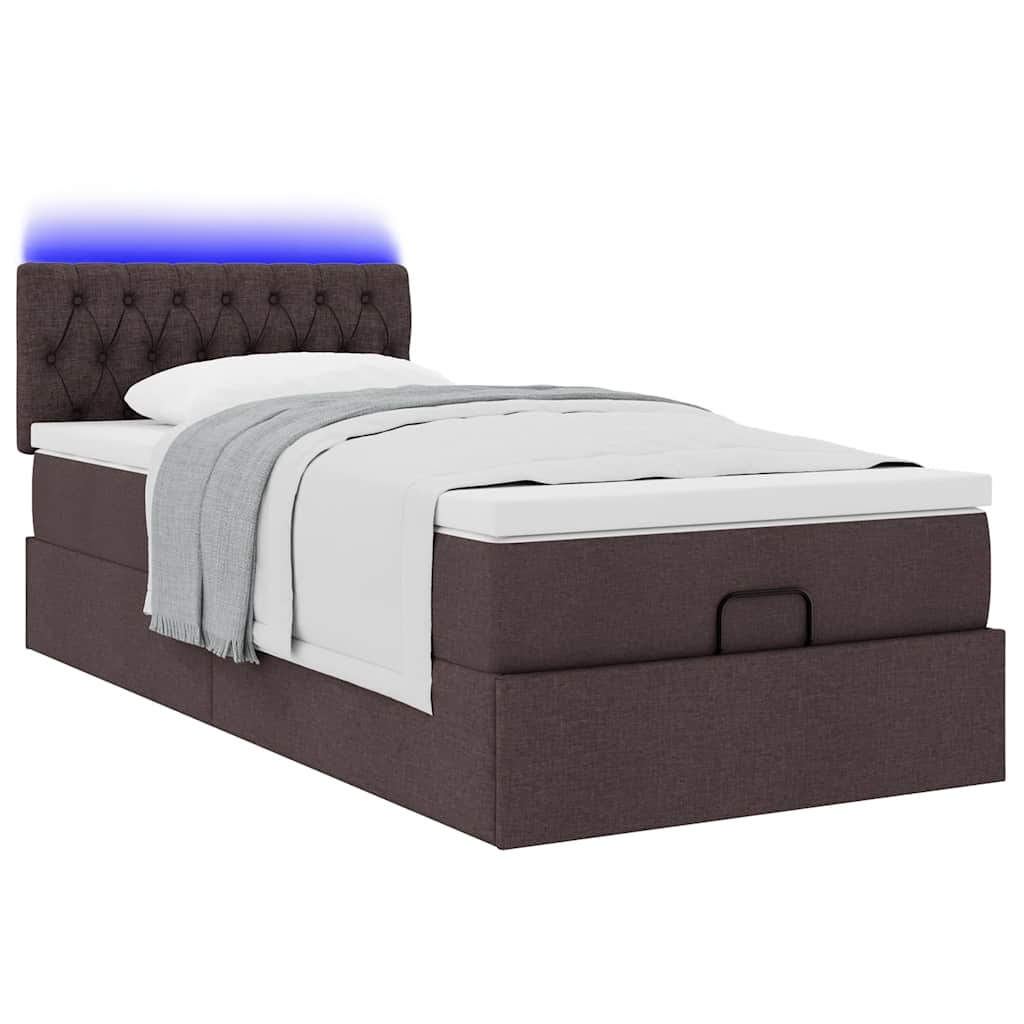 Lit ottoman avec matelas et LED marron foncé 90x200 cm tissu