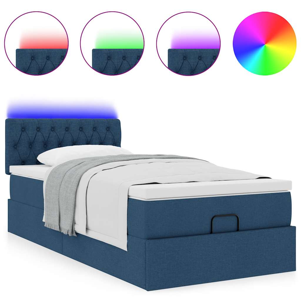 Lit ottoman avec matelas et LED Bleu 90x200 cm Tissu