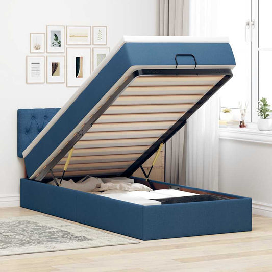 Lit ottoman avec matelas et LED Bleu 90x200 cm Tissu