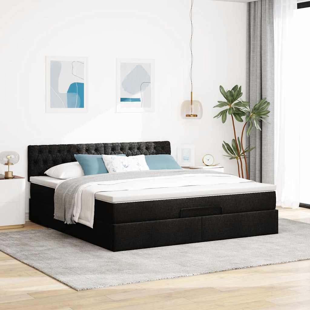 Lit ottoman avec matelas et LED Noir 180x200cm tissu