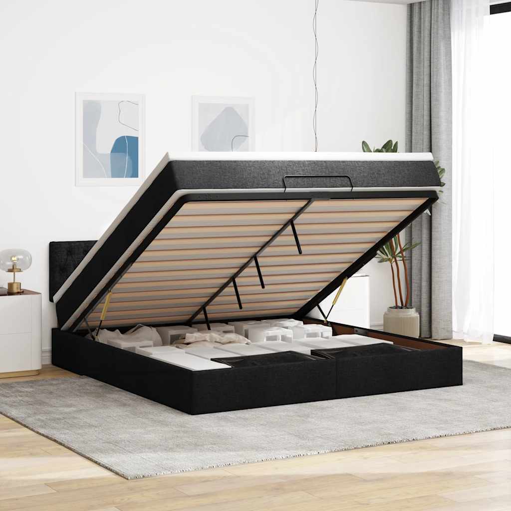 Lit ottoman avec matelas et LED Noir 180x200cm tissu