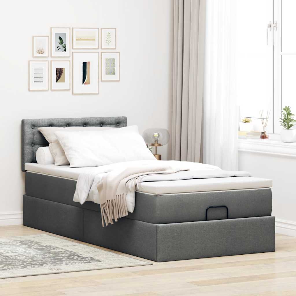 Lit ottoman avec matelas et LED gris foncé 90x200 cm tissu