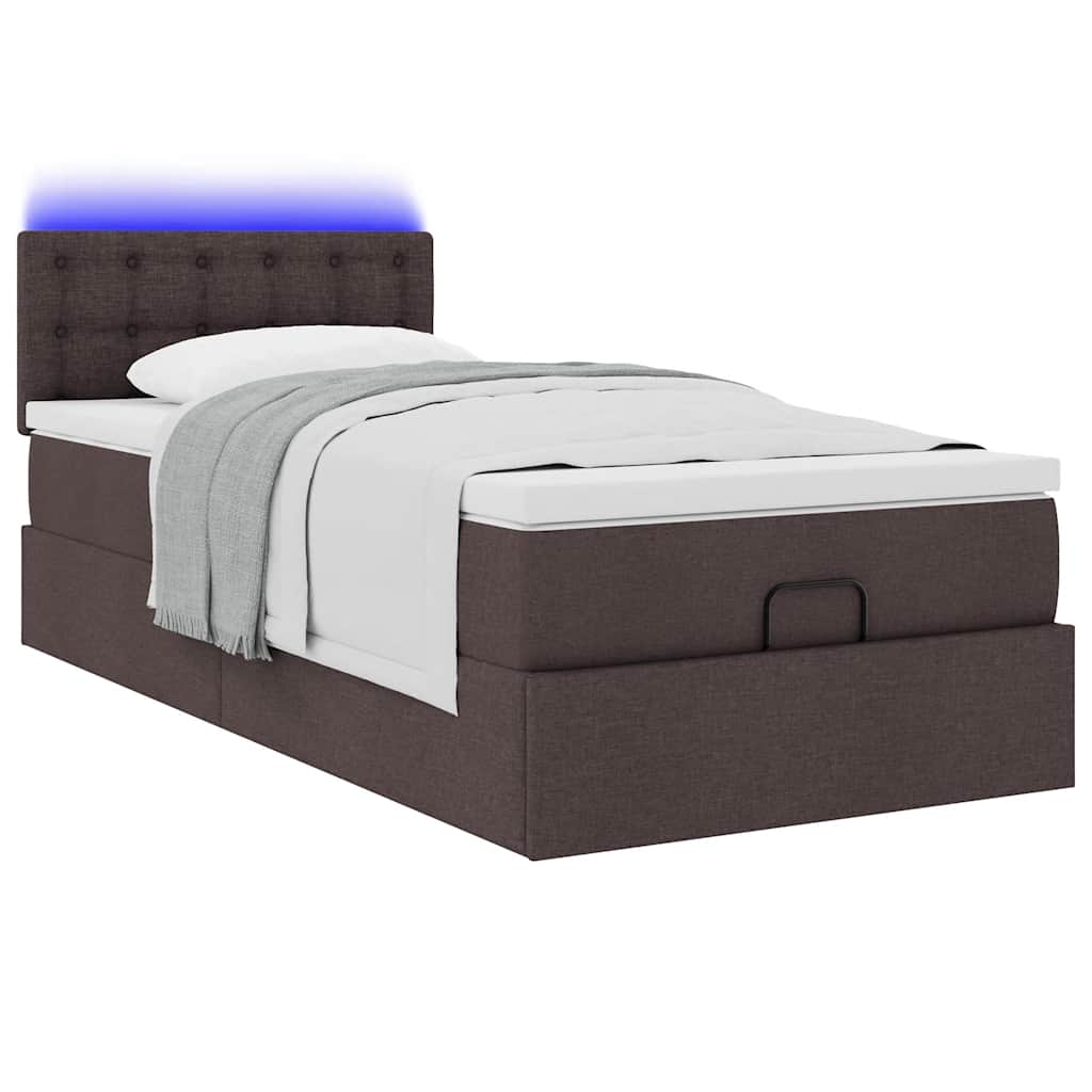 Lit ottoman avec matelas et LED marron foncé 90x200 cm tissu