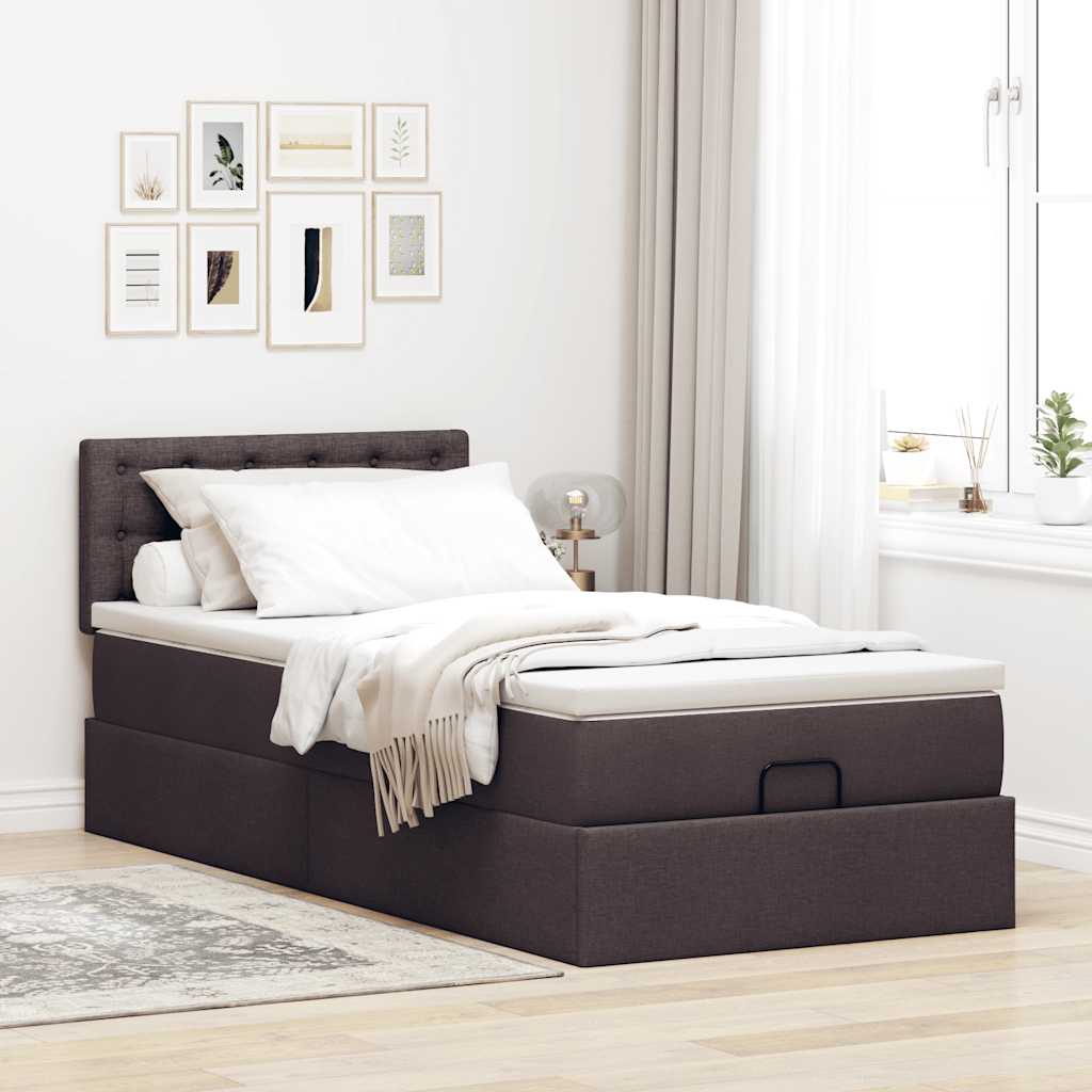 Lit ottoman avec matelas et LED marron foncé 90x200 cm tissu