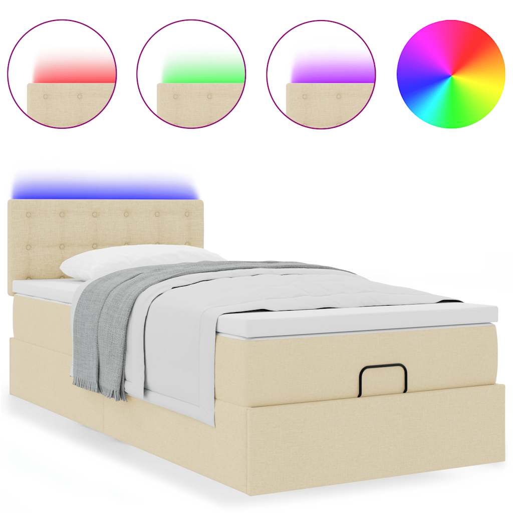 Lit ottoman avec matelas et LED crème 90x200 cm tissu